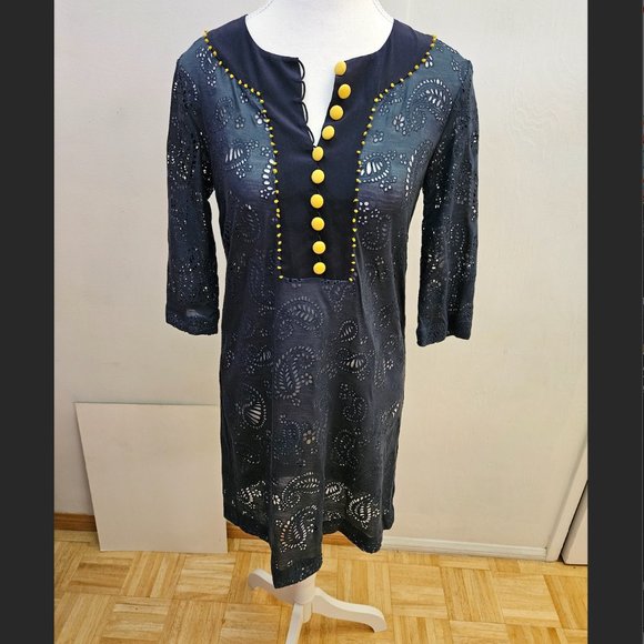 PHILLIP LIM 3.1 Navy Blue Eyelet Yellow Silk Tunic Kurta Style Mini Dress S - Picture 1 of 7